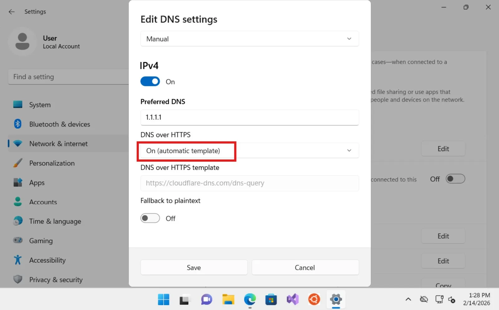 Windows 11 DNS settings configured to use Cloudflare DNS over HTTPS with plaintext fallback disabled