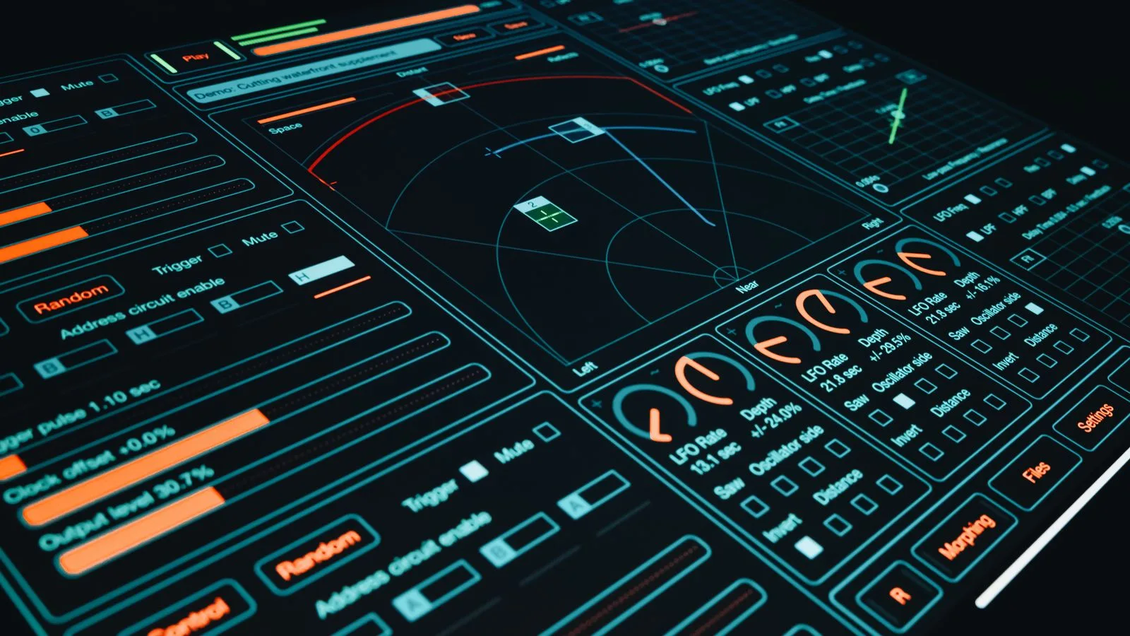Futuristic digital analytics interface with charts and control panels