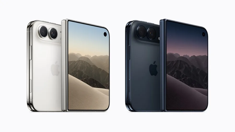 Apple iPhone Duo shown folded and unfolded in Star White and Night Sky